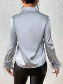 SHEIN Privé Camisa de peluche puño de satén - Neblina azul - Ver 2