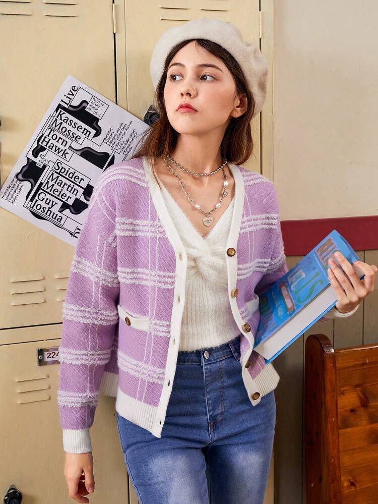 Teen Girl Plaid Pattern Button Front Cardigan