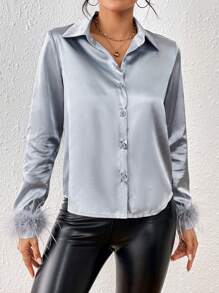 SHEIN Privé Camisa de peluche puño de satén - Neblina azul - Ver 5