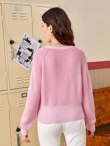 青少年女孩蝴蝶樣式插肩袖套頭毛衣 - 粉色 - 查看 2