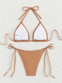 SHEIN Swim 夏季海灘閃爍三角胸圍和綁帶式泳裝下襬比基尼套裝游泳衣 - 卡其色 - 查看 2