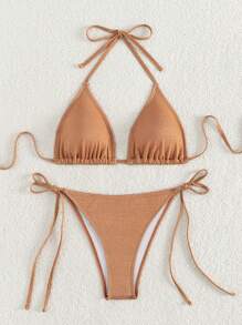 SHEIN Swim 夏季海灘閃爍三角胸圍和綁帶式泳裝下襬比基尼套裝游泳衣 - 卡其色 - 查看 3