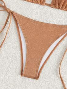 SHEIN Swim 夏季海灘閃爍三角胸圍和綁帶式泳裝下襬比基尼套裝游泳衣 - 卡其色 - 查看 4