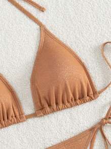 SHEIN Swim 夏季海灘閃爍三角胸圍和綁帶式泳裝下襬比基尼套裝游泳衣 - 卡其色 - 查看 5