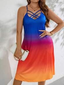 SHEIN Holidaya 大碼漸層前交叉吊帶連衣裙 - 彩色 - 查看 1