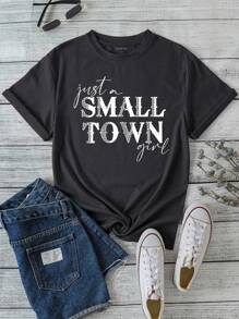 SHEIN LUNE 標語圖案T恤 - 深灰色 - 查看 1