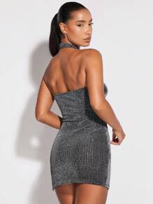 SHEIN BAE 下擺開叉繞頸露背緊身洋裝 - 銀色 - 查看 3