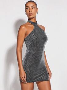 SHEIN BAE 下擺開叉繞頸露背緊身洋裝 - 銀色 - 查看 4