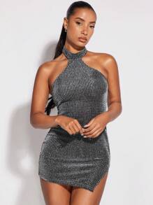 SHEIN BAE 下擺開叉繞頸露背緊身洋裝 - 銀色 - 查看 6