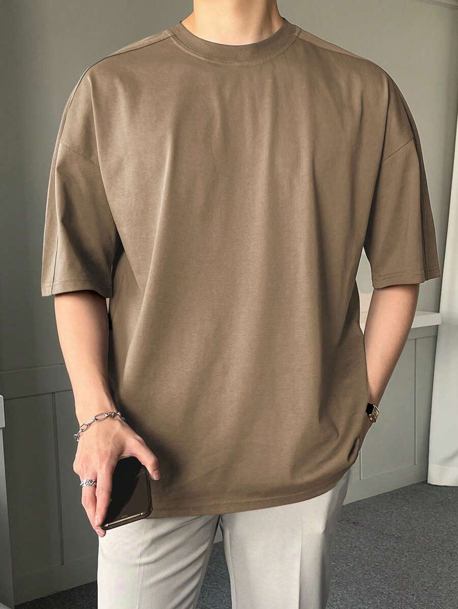 DAZY Men Solid Drop Shoulder Tee - Khaki - View 1