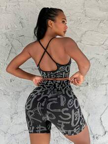 Ensemble De Sport À Lettres À Liseré Contrastant - Noir - Voir 2