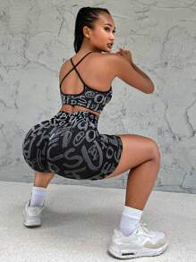 Ensemble De Sport À Lettres À Liseré Contrastant - Noir - Voir 4