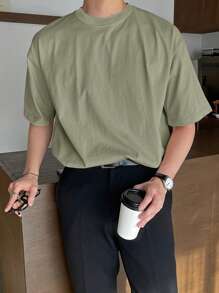 DAZY 男士素色落肩T恤 - 軍綠色 - 查看 4