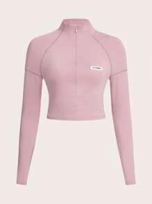 SHEIN ICON 春季服装 3 色半高领拉链纯色修身长袖 T 恤 - 粉色 - 查看 1