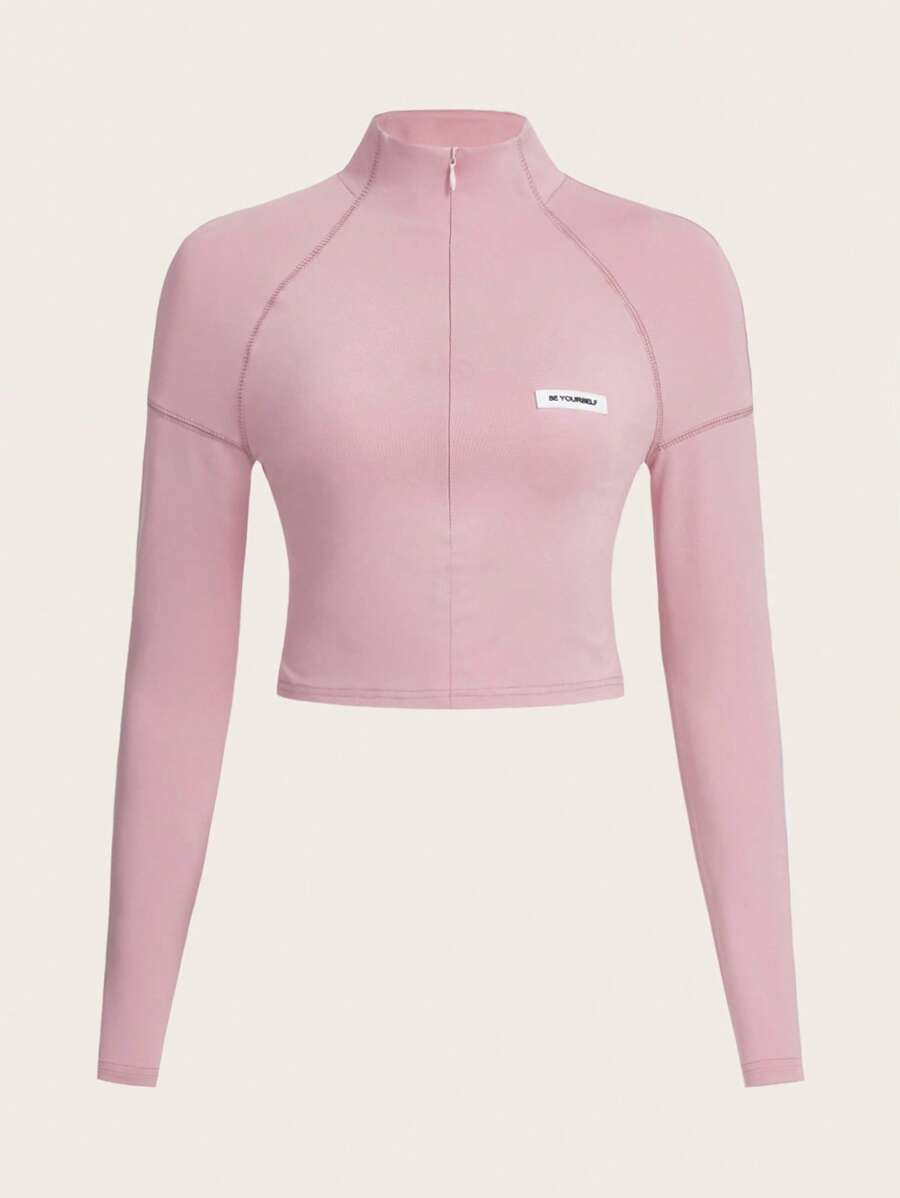 SHEIN ICON 春季服装 3 色半高领拉链纯色修身长袖 T 恤 - 粉色 - 查看 1