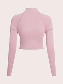 SHEIN ICON 春季服装 3 色半高领拉链纯色修身长袖 T 恤 - 粉色 - 查看 2