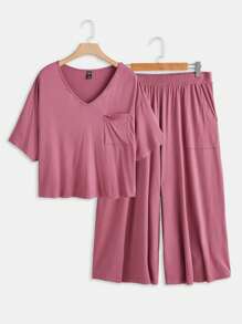 SHEIN LUNE 大碼1入組落肩T恤和1入組闊腿褲 - 藕粉色 - 查看 2