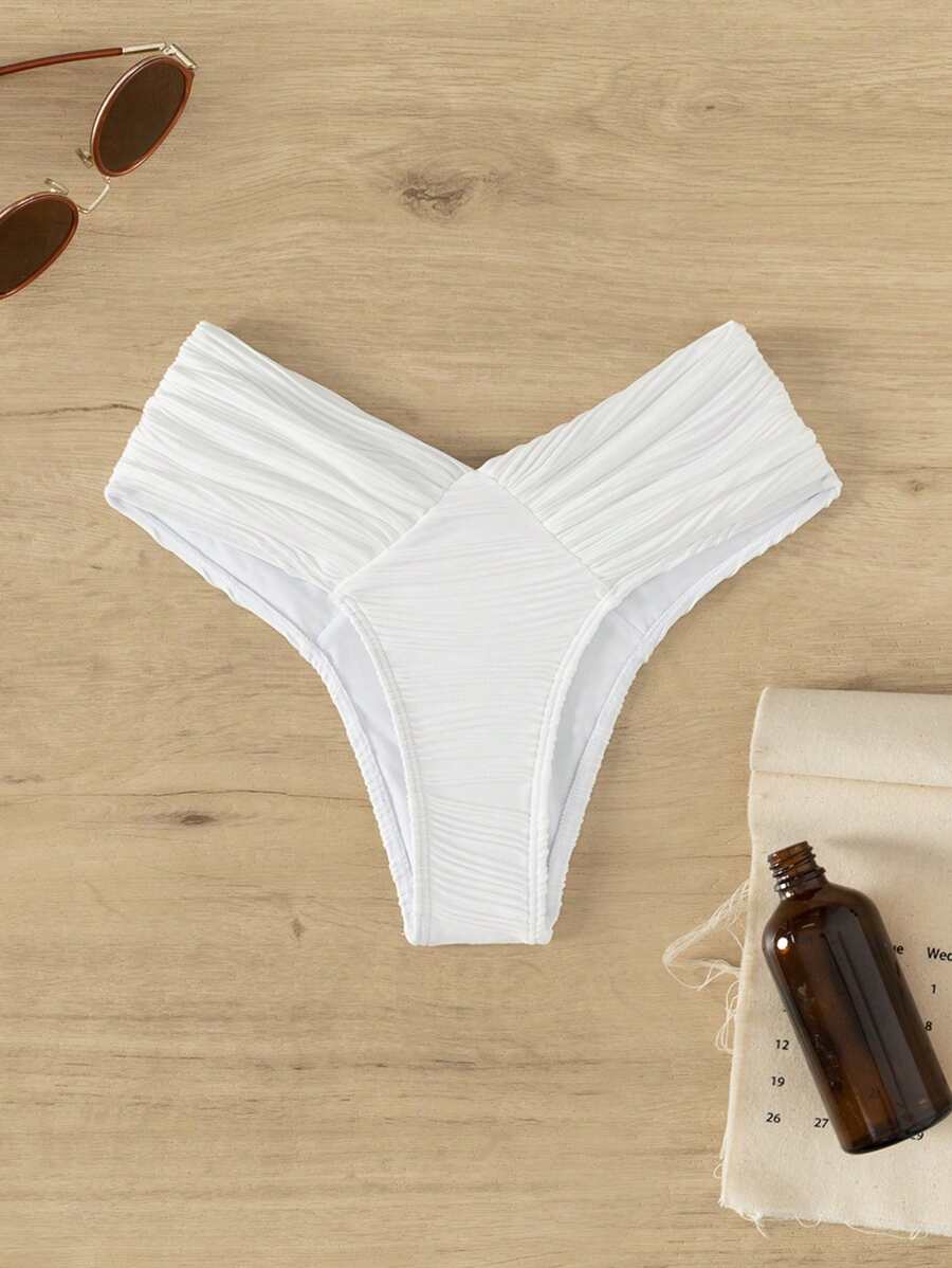SHEIN Swim Summer Solid Ruched Bikini Bottom - White - View 1