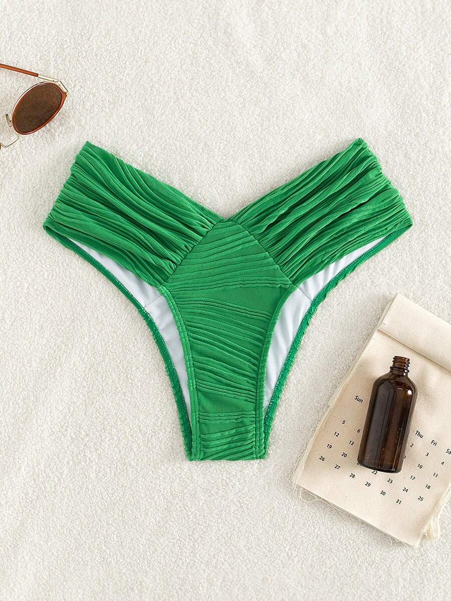 SHEIN Swim 纯色褶皱比基尼泳裤，适合夏季海滩度假 - 綠色 - 查看 1