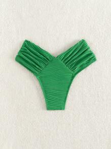 SHEIN Swim 纯色褶皱比基尼泳裤，适合夏季海滩度假 - 綠色 - 查看 2