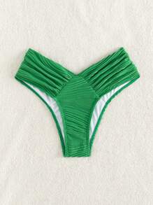 SHEIN Swim 纯色褶皱比基尼泳裤，适合夏季海滩度假 - 綠色 - 查看 3