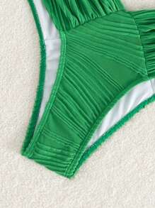 SHEIN Swim 纯色褶皱比基尼泳裤，适合夏季海滩度假 - 綠色 - 查看 4