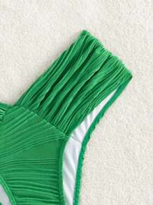 SHEIN Swim 纯色褶皱比基尼泳裤，适合夏季海滩度假 - 綠色 - 查看 5