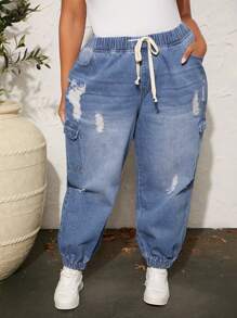 SHEIN CURVE+ Plus Drawstring Waist Ripped Flap Pocket Side Cargo Jeans - Light Wash - View 1