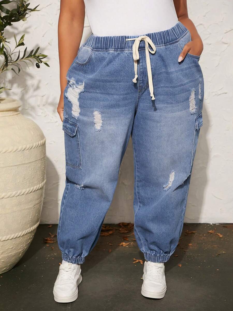 SHEIN CURVE+ Plus Drawstring Waist Ripped Flap Pocket Side Cargo Jeans - Light Wash - View 1