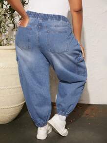 SHEIN CURVE+ Plus Drawstring Waist Ripped Flap Pocket Side Cargo Jeans - Light Wash - View 2