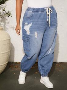 SHEIN CURVE+ Plus Drawstring Waist Ripped Flap Pocket Side Cargo Jeans - Light Wash - View 3