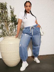 SHEIN CURVE+ Plus Drawstring Waist Ripped Flap Pocket Side Cargo Jeans - Light Wash - View 5