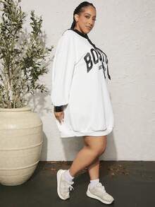 SHEIN CURVE+ Đầm nỉ dáng rộng, in chữ, vai rớt, có dây rút - trắng - Xem 7