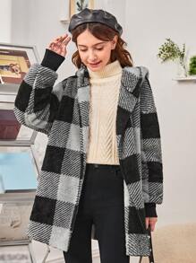 SHEIN 青少年女孩大方格圖案落肩袖連帽絨毛外套