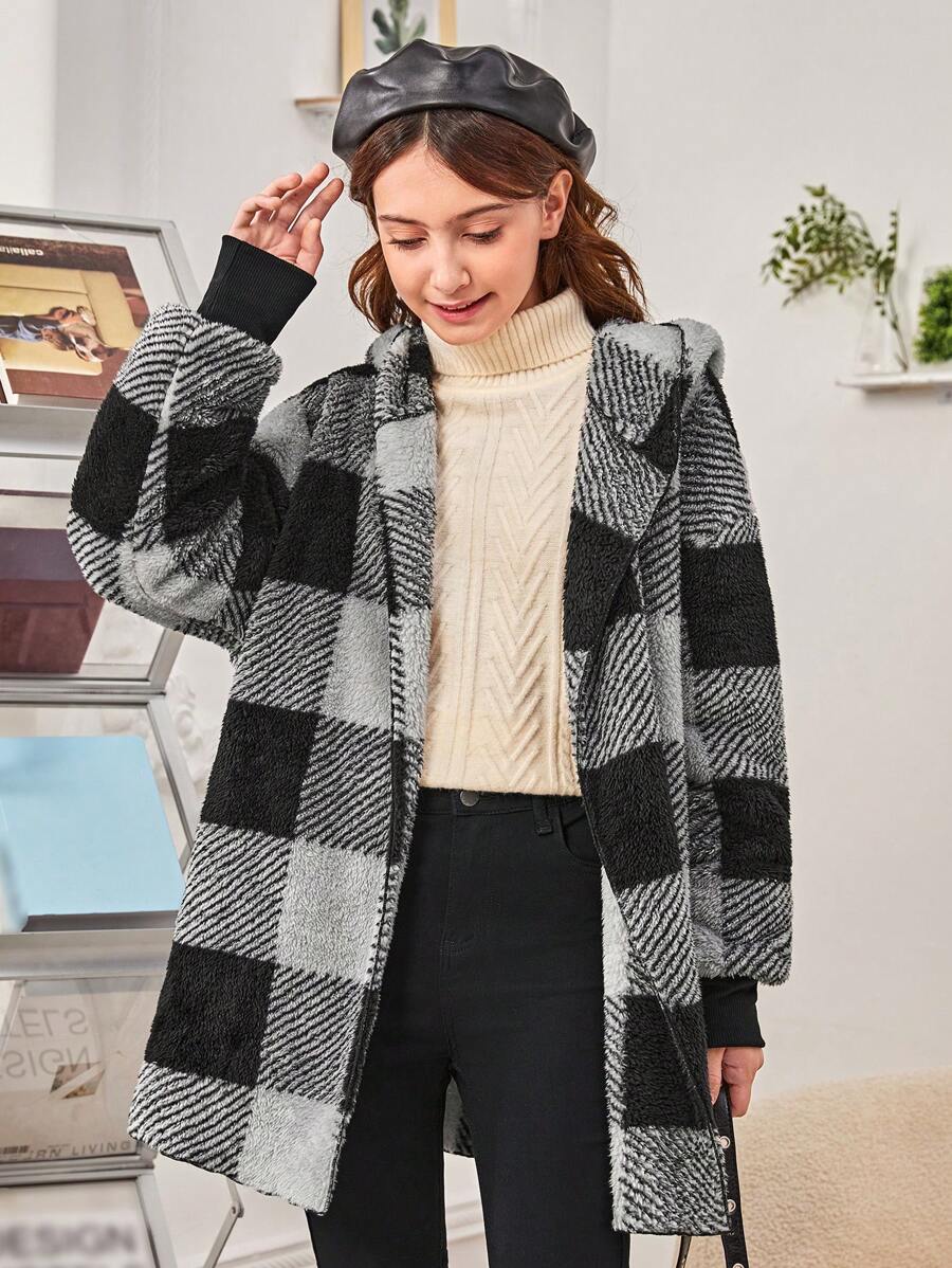 SHEIN 青少年女孩大方格圖案落肩袖連帽絨毛外套