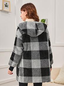 SHEIN 青少年女孩大方格圖案落肩袖連帽絨毛外套