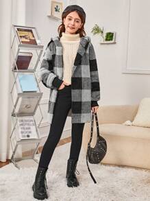 SHEIN 青少年女孩大方格圖案落肩袖連帽絨毛外套