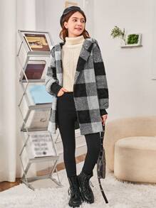 SHEIN 青少年女孩大方格圖案落肩袖連帽絨毛外套