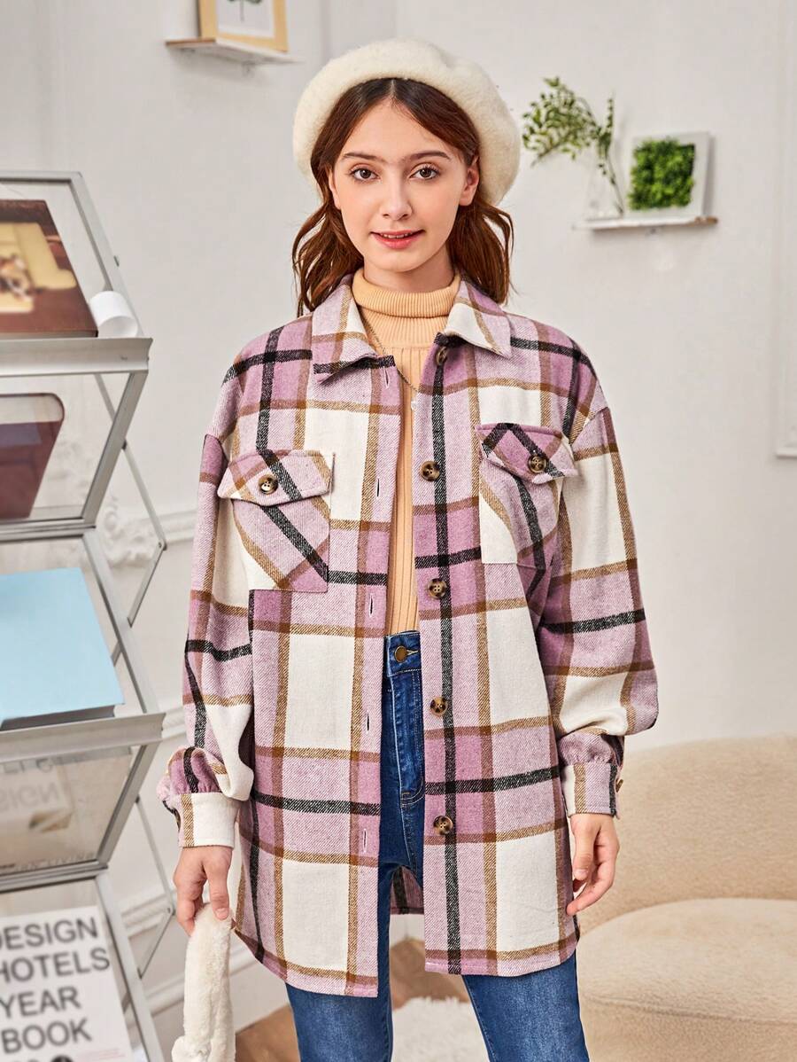 SHEIN 青少年女孩格紋印花落肩袖翻蓋口袋花呢外套 - 彩色 - 查看 1