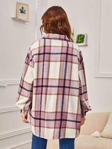 SHEIN 青少年女孩格紋印花落肩袖翻蓋口袋花呢外套 - 彩色 - 查看 2