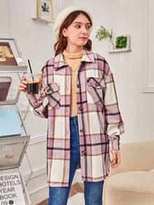 SHEIN 青少年女孩格紋印花落肩袖翻蓋口袋花呢外套 - 彩色 - 查看 4