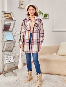 SHEIN 青少年女孩格紋印花落肩袖翻蓋口袋花呢外套 - 彩色 - 查看 5