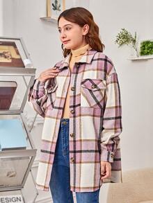 SHEIN 青少年女孩格紋印花落肩袖翻蓋口袋花呢外套 - 彩色 - 查看 6