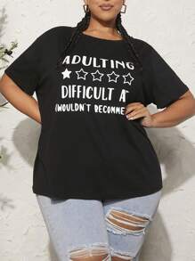 SHEIN CURVE+ 大碼標語圖案落肩T恤 - 黑色 - 查看 2