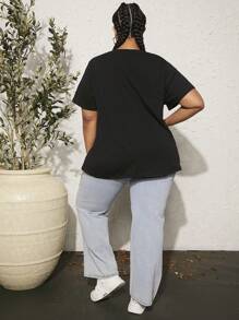 SHEIN CURVE+ 大碼標語圖案落肩T恤 - 黑色 - 查看 6