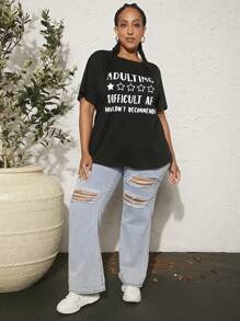 SHEIN CURVE+ 大碼標語圖案落肩T恤 - 黑色 - 查看 3