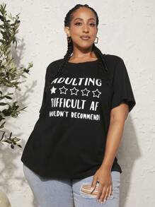 SHEIN CURVE+ 大碼標語圖案落肩T恤 - 黑色 - 查看 4