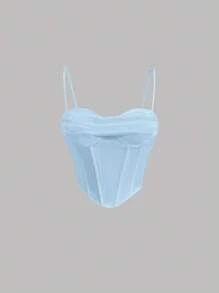 SHEIN MOD 素色胸部褶皺吊帶上衣 - 淺藍色 - 查看 1