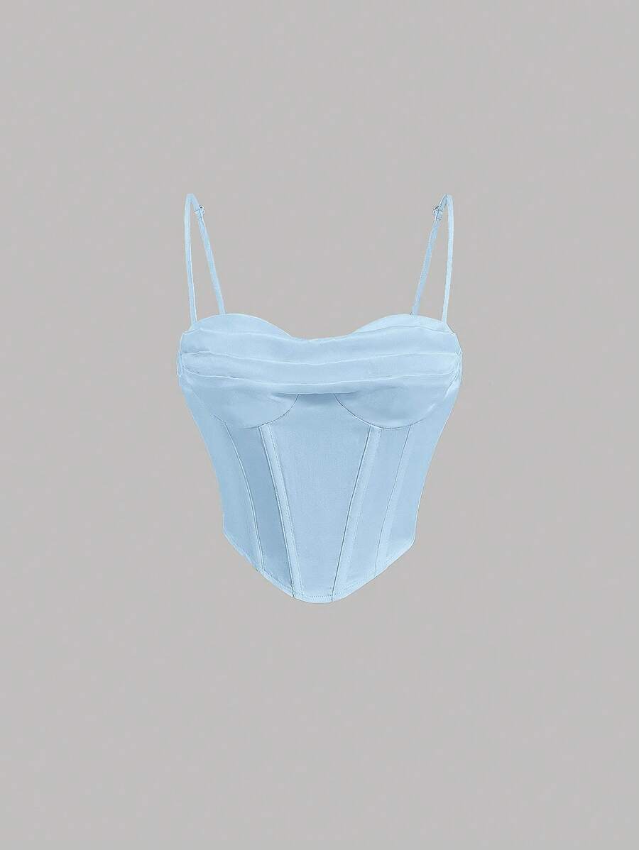 SHEIN MOD 素色胸部褶皺吊帶上衣 - 淺藍色 - 查看 1