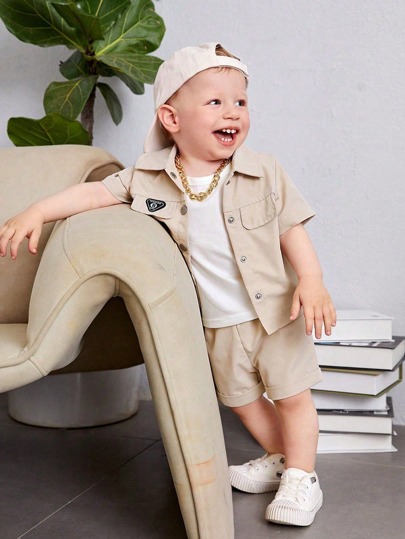 SHEIN Playful Pals Baby Boy Letter Patched Flap Detail Shirt & Shorts Without Tee